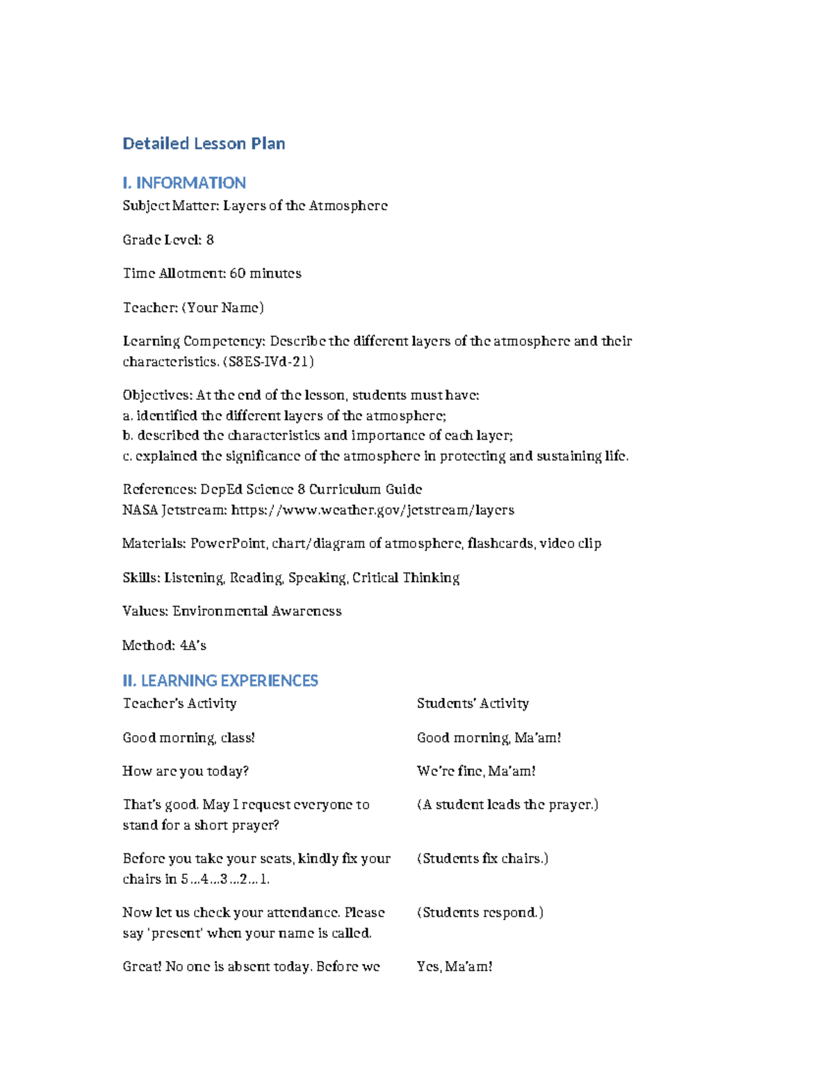 Lesson Plan: Layers of the Atmosphere for Grade 8 - Studocu