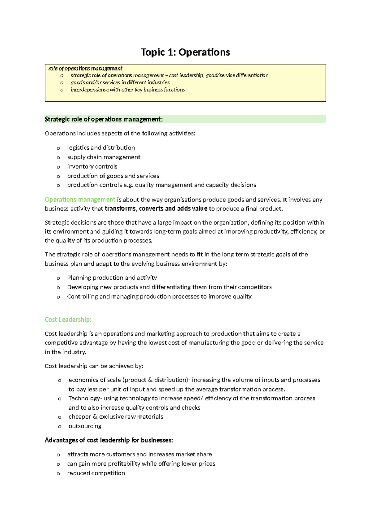 Operations Management: Strategic Role, Cost Leadership ...