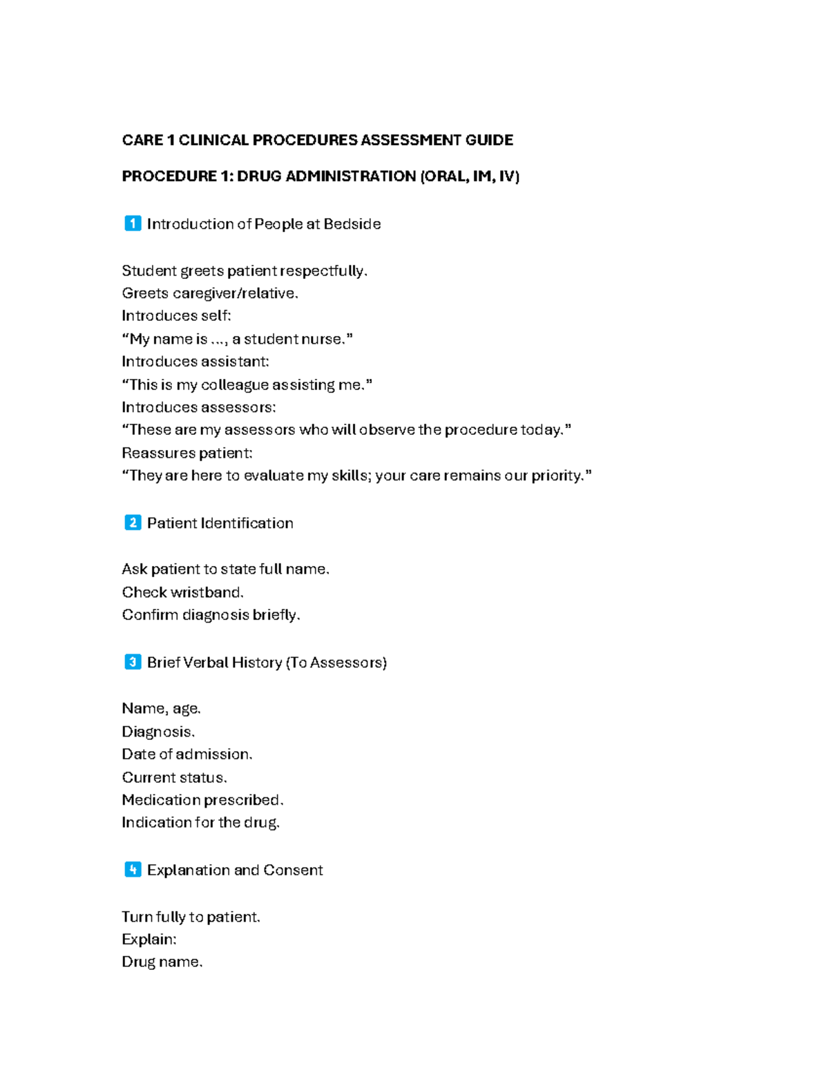 CARE 1 CLINICAL PROCEDURES ASSESSMENT GUIDE: DRUG ADMINISTRATION ...