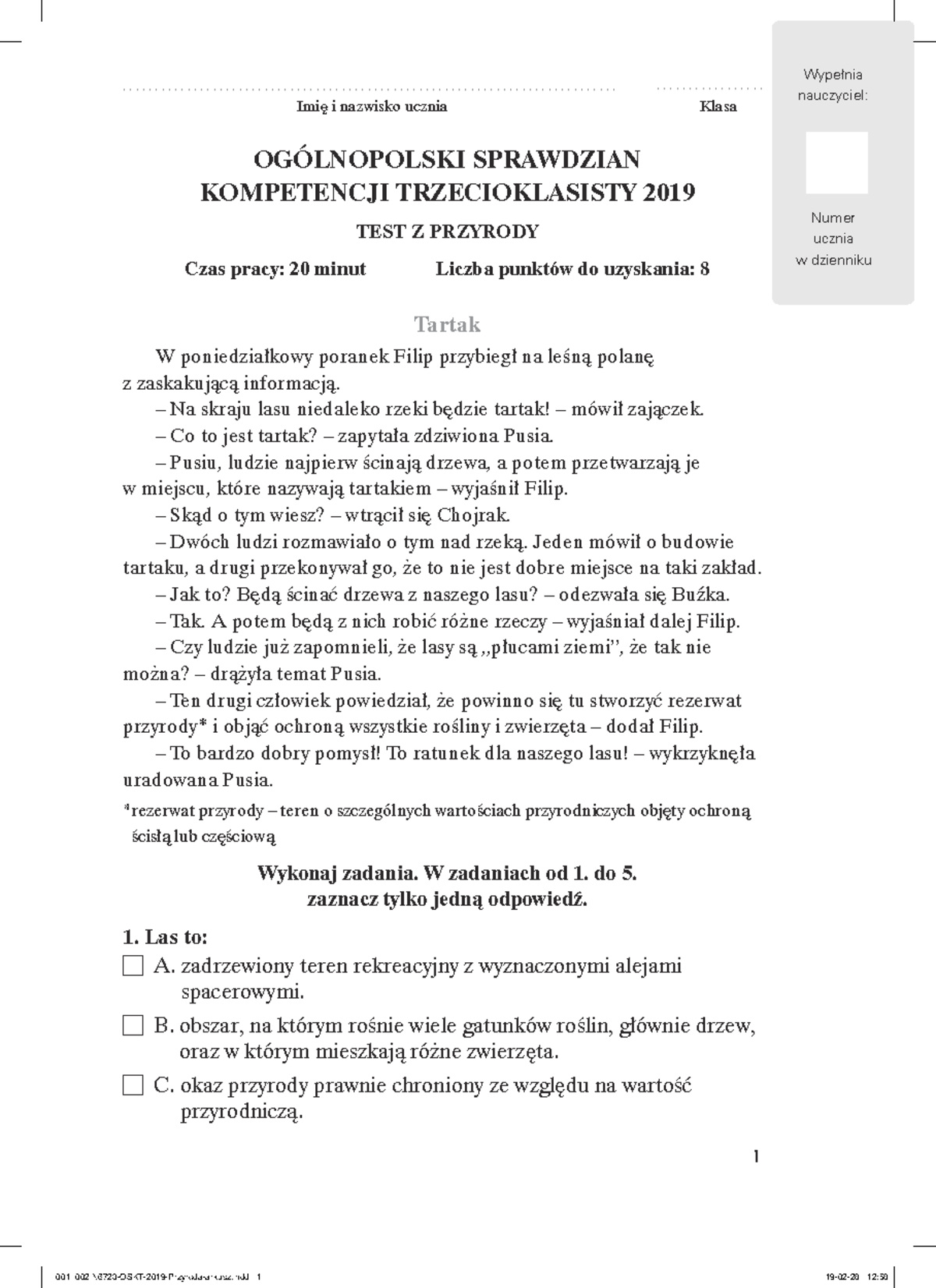 001 002 N6723-OSKT-2019-Przyroda-Test kompetencji dla trzeciej klasy