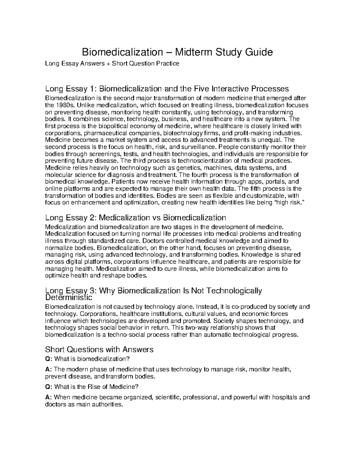 Biomedicalization Midterm Study Guide: Key Concepts & Essay Insights ...