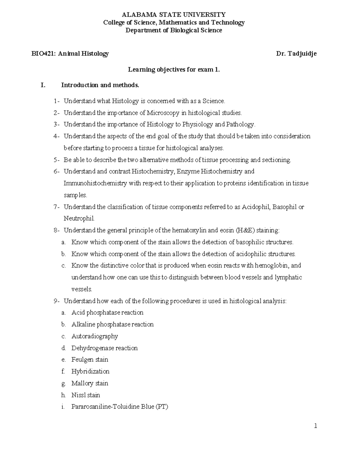 BIO421: Exam 1 Learning Objectives for Animal Histology - ALABAMA STATE ...