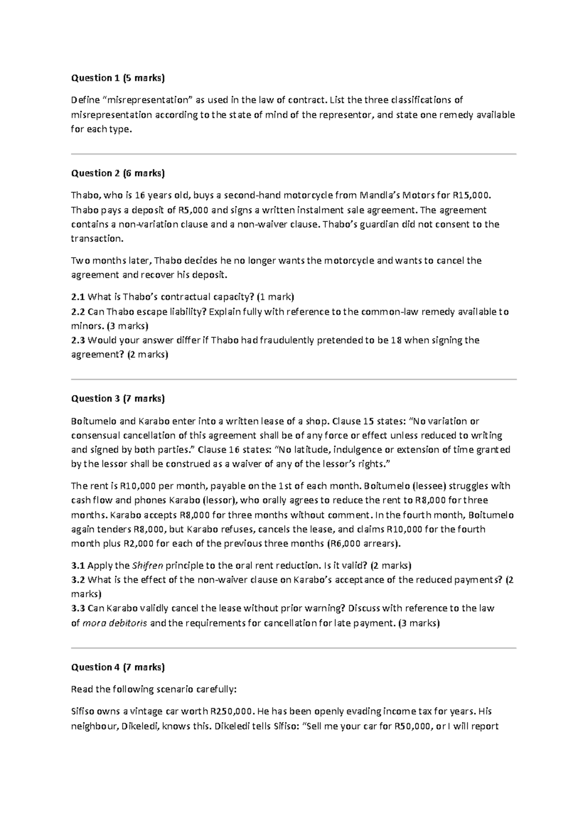 Law of Contract Assessment 2 Mock Test: Misrepresentation & Capacity ...