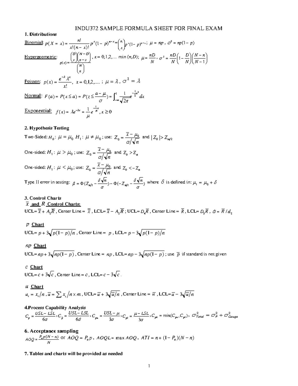 Indu372 sample formula sheet for final exam preparation - Studocu