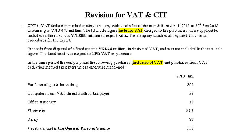 Revision for CIT & VAT Analysis - Sep 2018 (VAT CIT 1) - Studocu