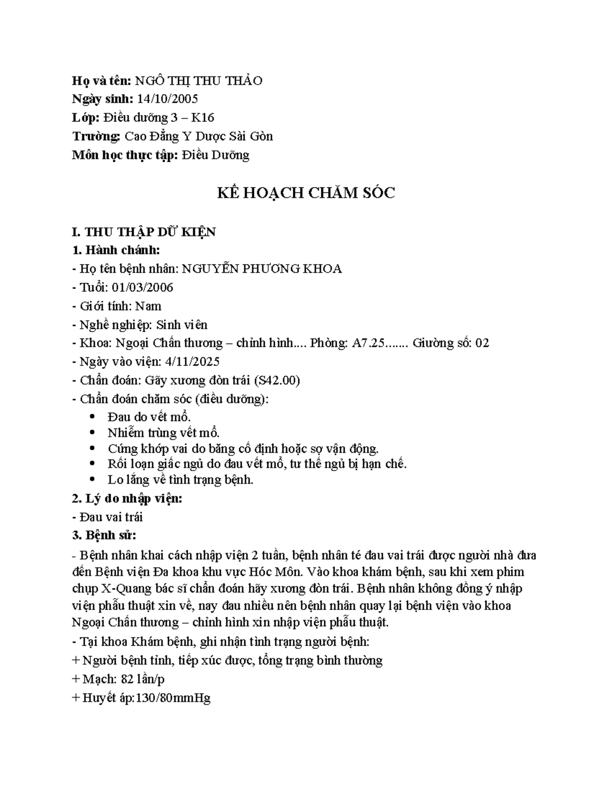 CTCH-NGÔ THỊ THU THẢO-DD3K16-Kế Hoạch Chăm Sóc Bệnh Nhân Gãy Xương - Document Preview
