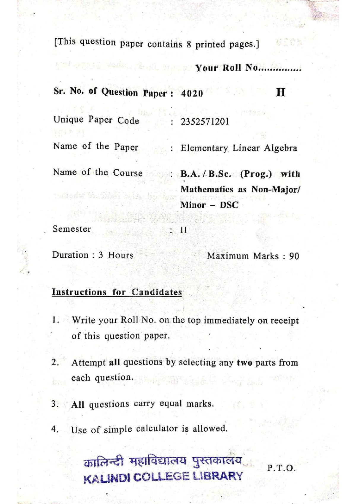 1047 Generic Elective Mathematics II: Linear Algebra PYQ6 Exam Paper ...