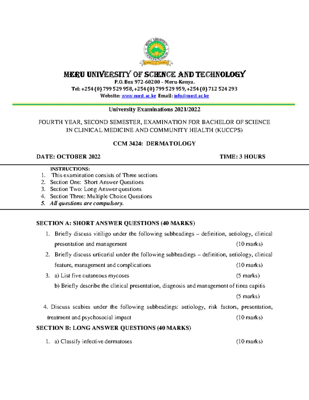 CCM 3424: Dermatology Final Exam Questions and Answers - Studocu