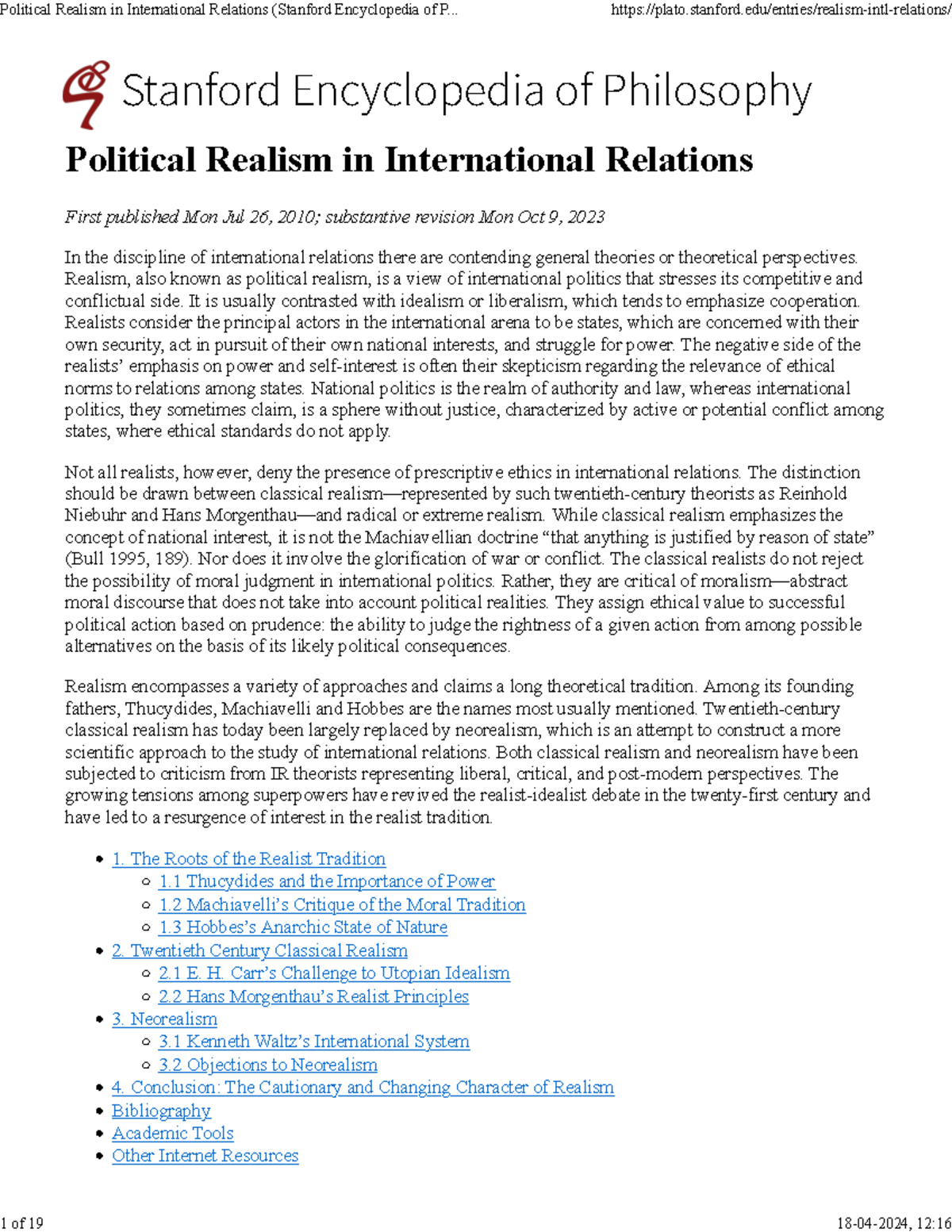 Political realism in international relations - Stanford Encyclopedia of ...