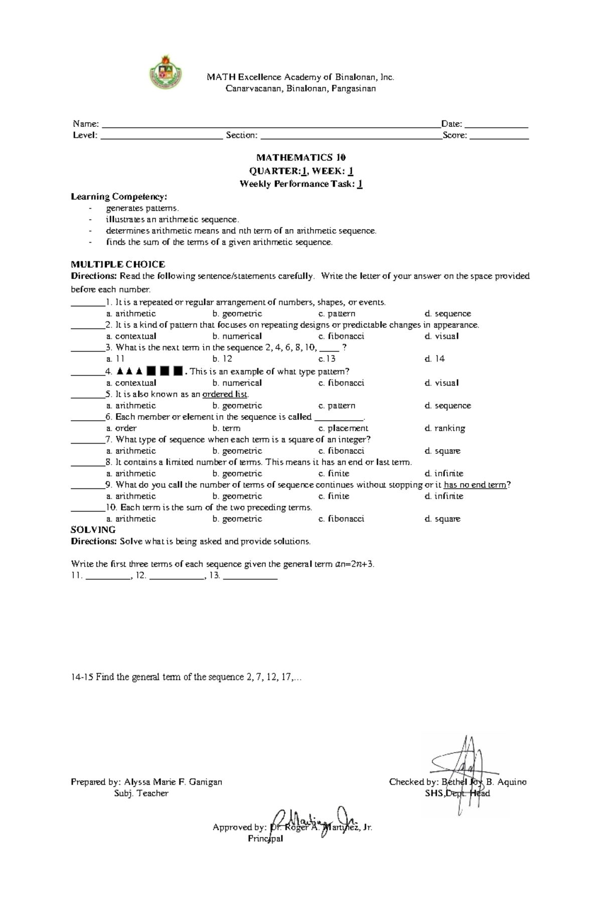 Q1 WS1 MATH 10 - Weekly Performance Task on Sequences - Studocu