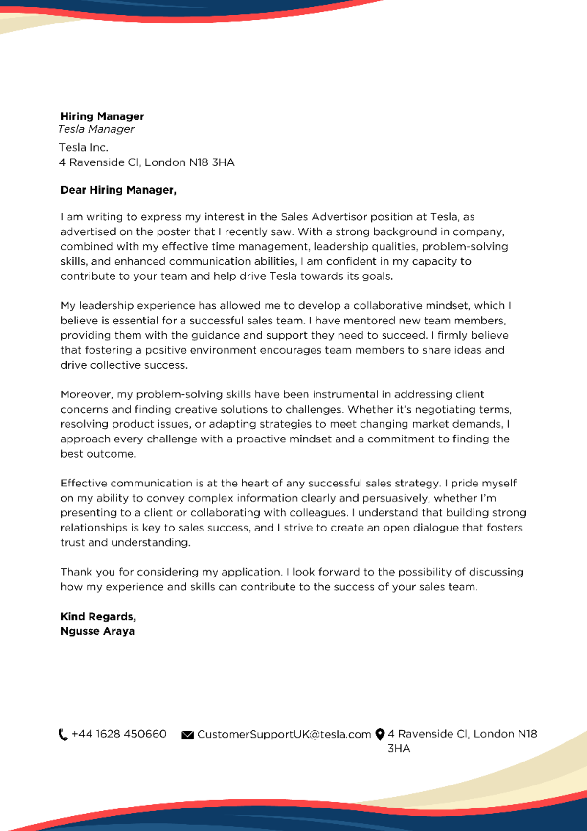 Job Application Cover Letter for Sales Advertisor Position at Tesla ...