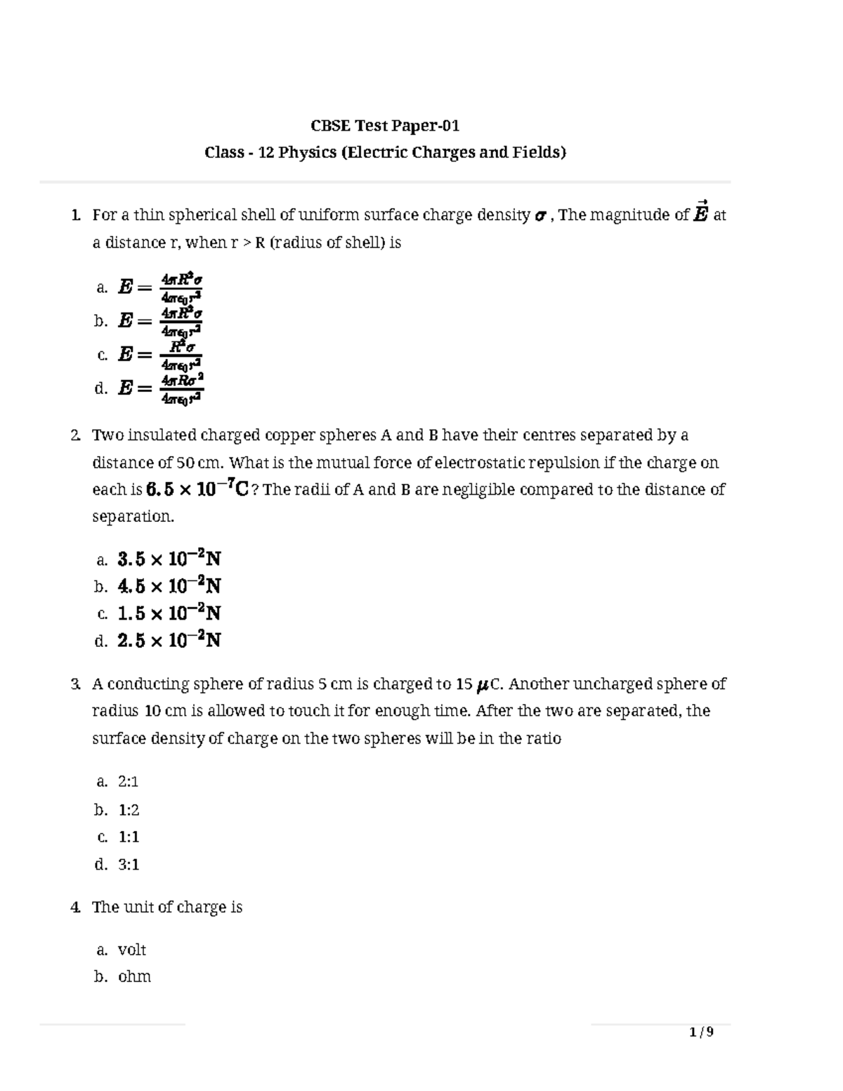HW Ch 1 - Electric Charges and Fields - CBSE Class 12 Physics - Studocu