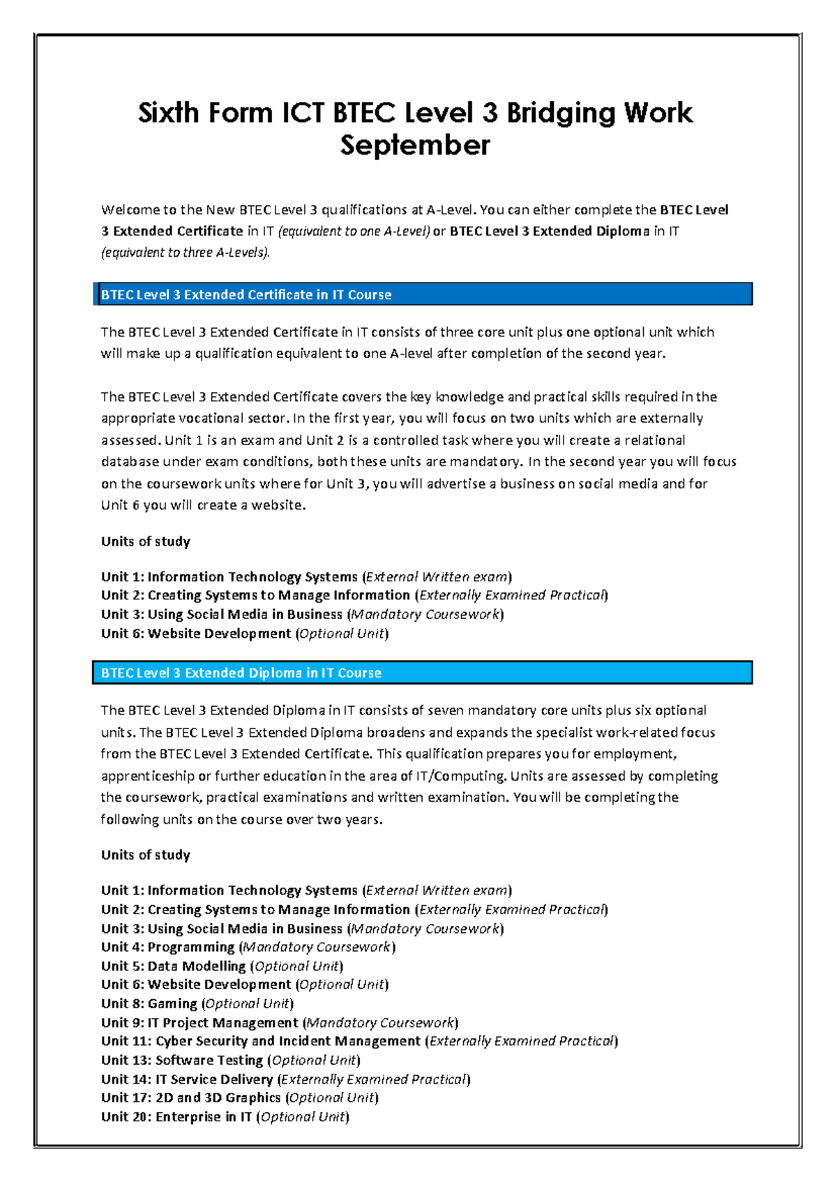 ICT BTEC Bridging Work - Sixth Form ICT BTEC Level 3 Bridging Work ...