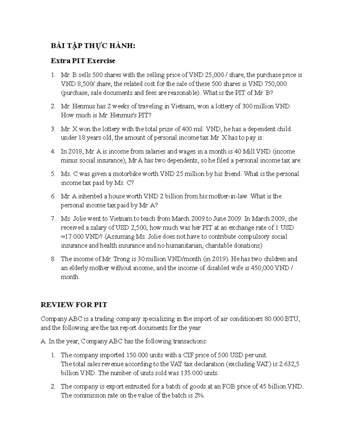 Thue-XNK - Export and Import Tax Calculations Exercises - Studocu