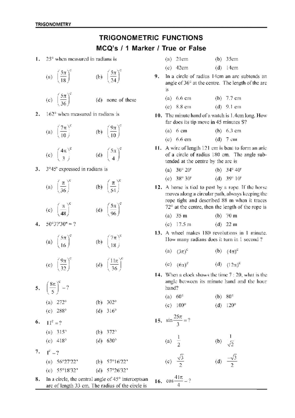 TRIGONOMETRY XI CH-3 Practice Assignment: True/False Questions - Studocu