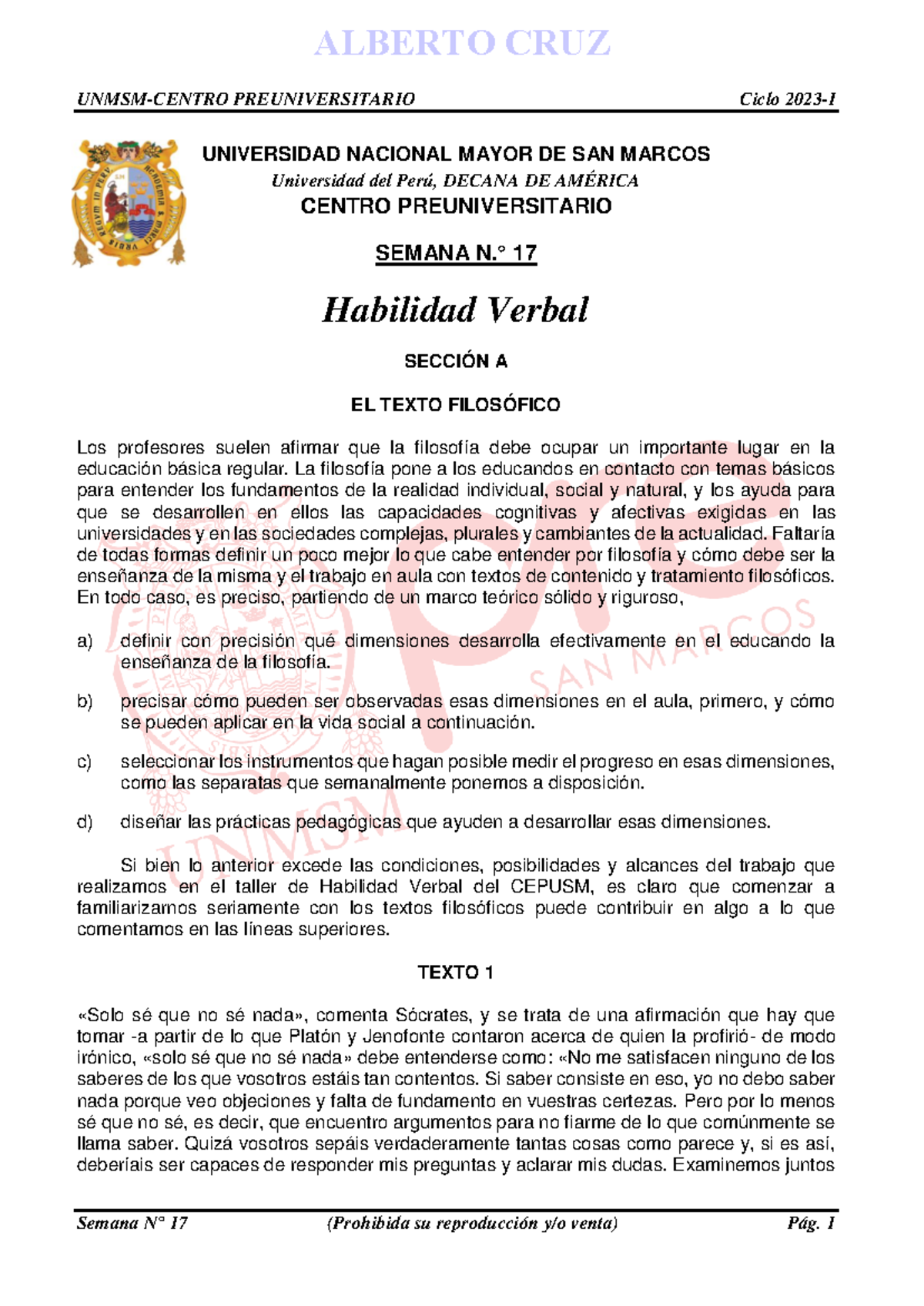 Boletín Semanal N°17 - Habilidad Verbal - Ciclo 2023-I - Studocu