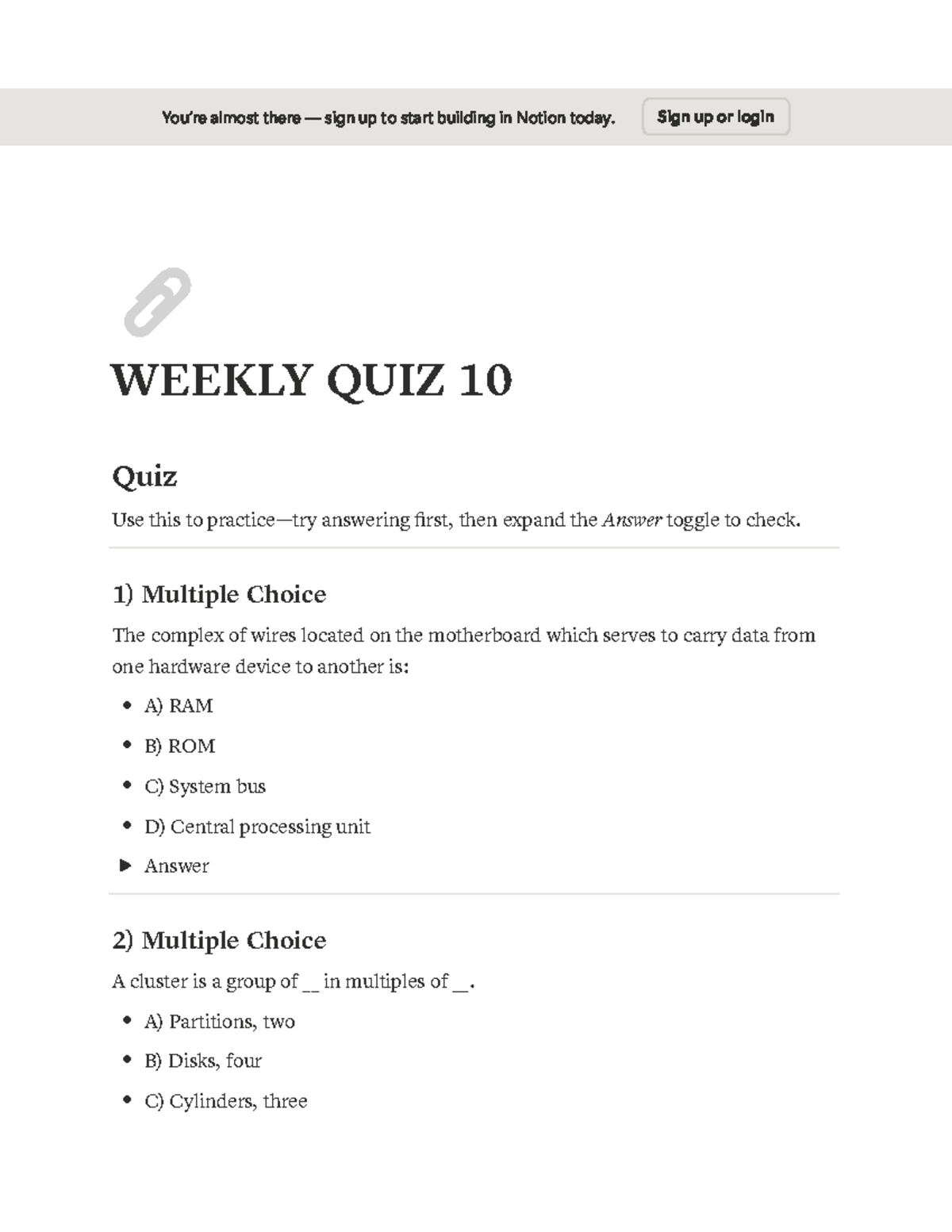 Weekly Quiz 10: Notion Sign-Up & Computer Hardware Concepts - Studocu