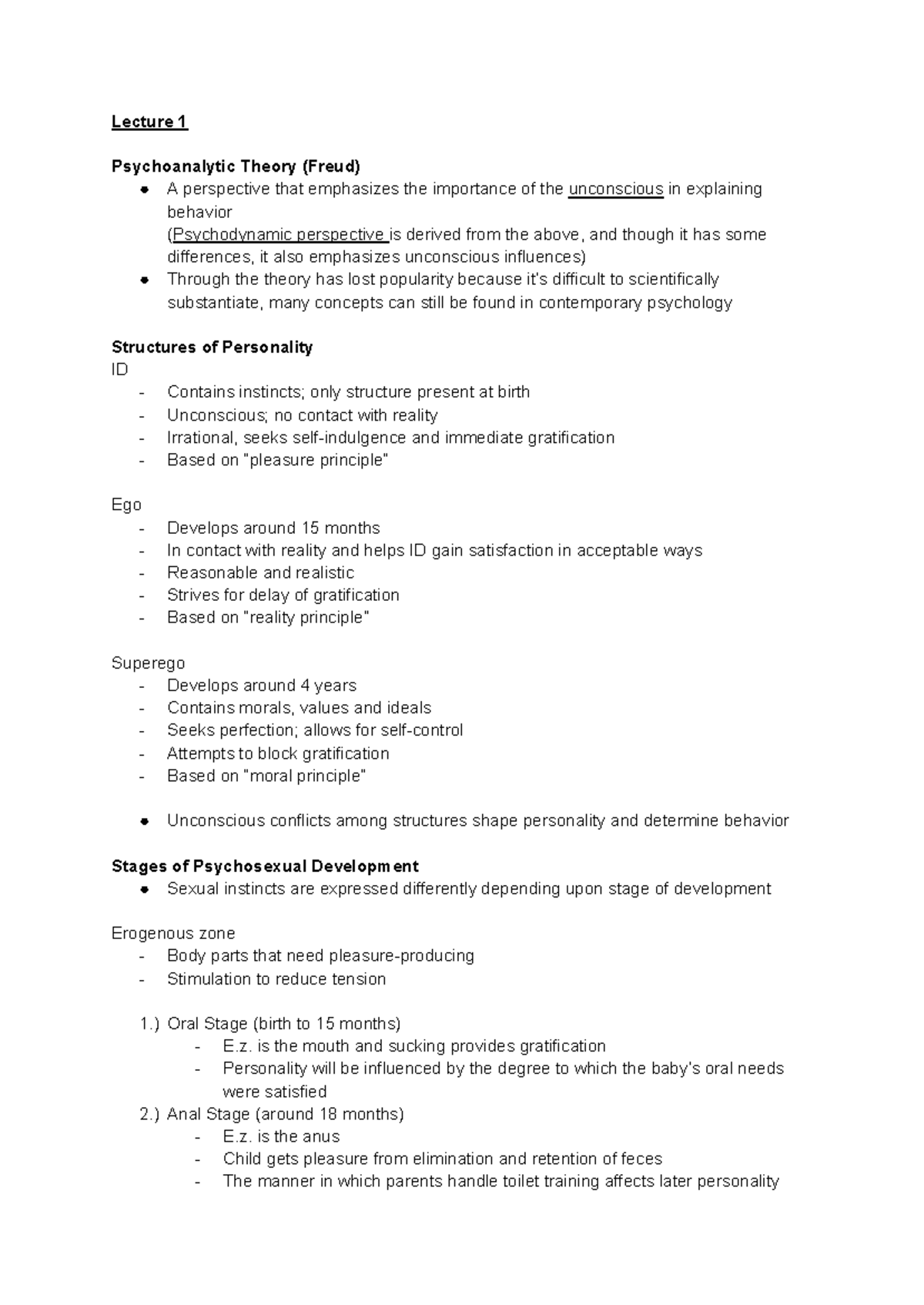 Lecture 1 & 2: Psychoanalytic Theory & Personality Notes (PSY 101 ...