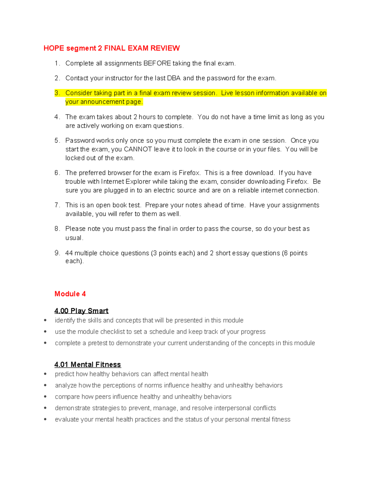 HOPE 2 Final Exam Review: Key Guidelines and Study Tips - Studocu