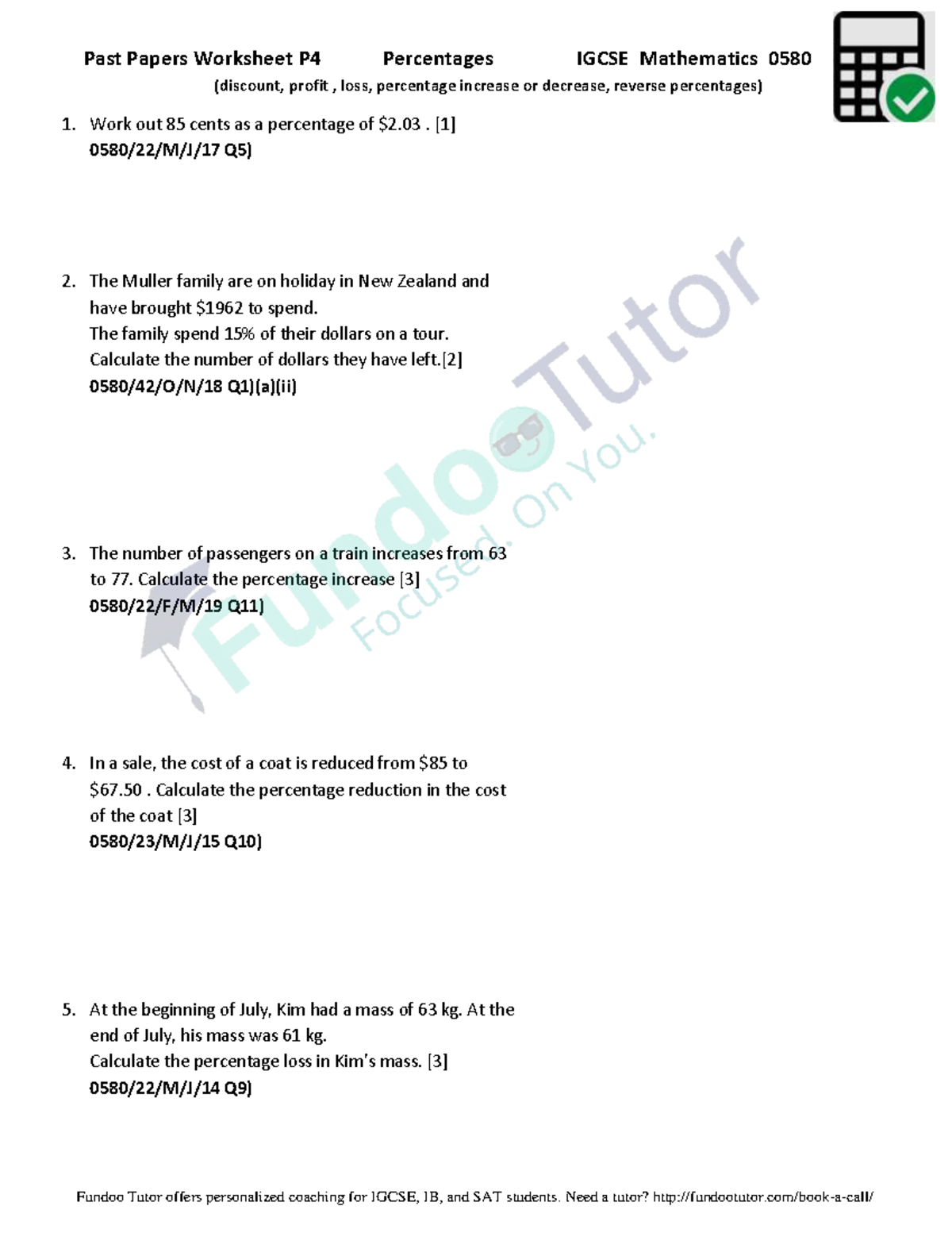 Past Papers Worksheet P4 Percentages IGCSE Math 0580 Q&A - Studocu