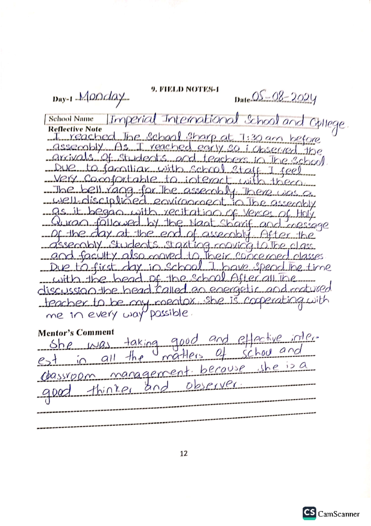 teaching practice - 9. FIELD I Monday Date School Name Reflective Note ...