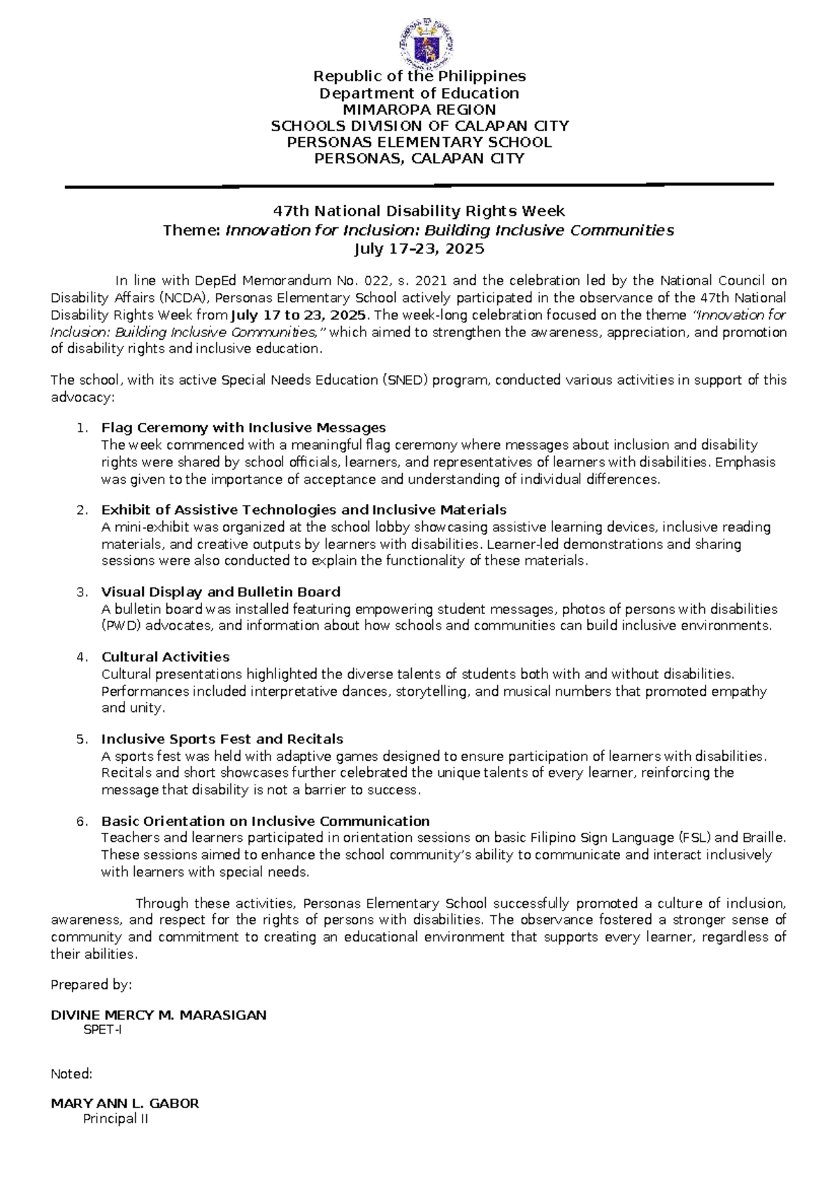 47th National Disability Rights Week Activities at Personas Elementary ...