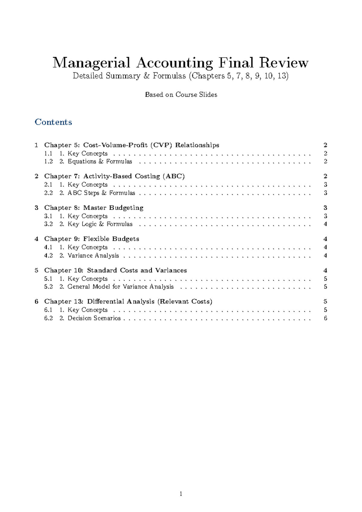 Managerial Accounting Final Exam Review Summary (Chapters 5-10, 13 ...