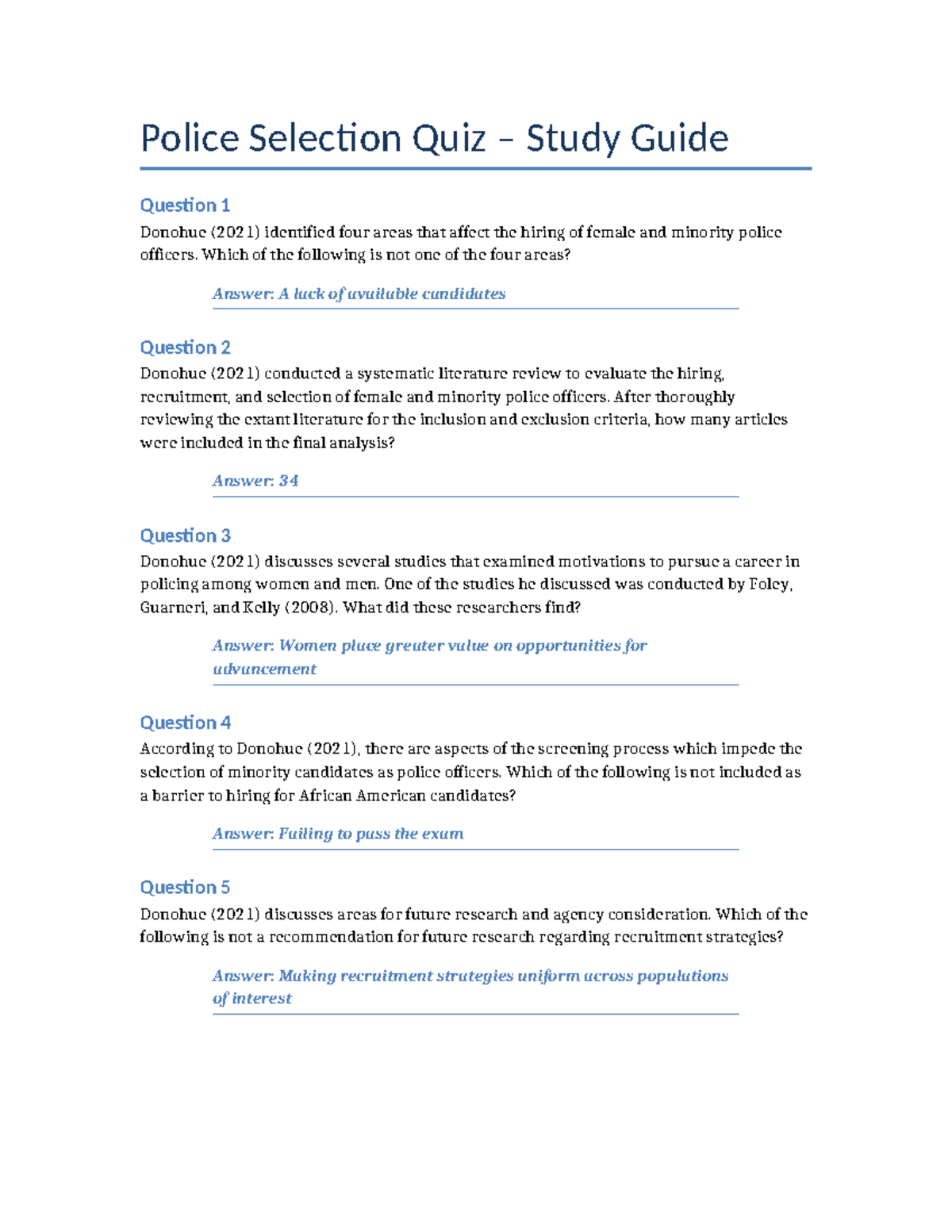 Police Selection Quiz Study Guide (PSY 101) - Studocu