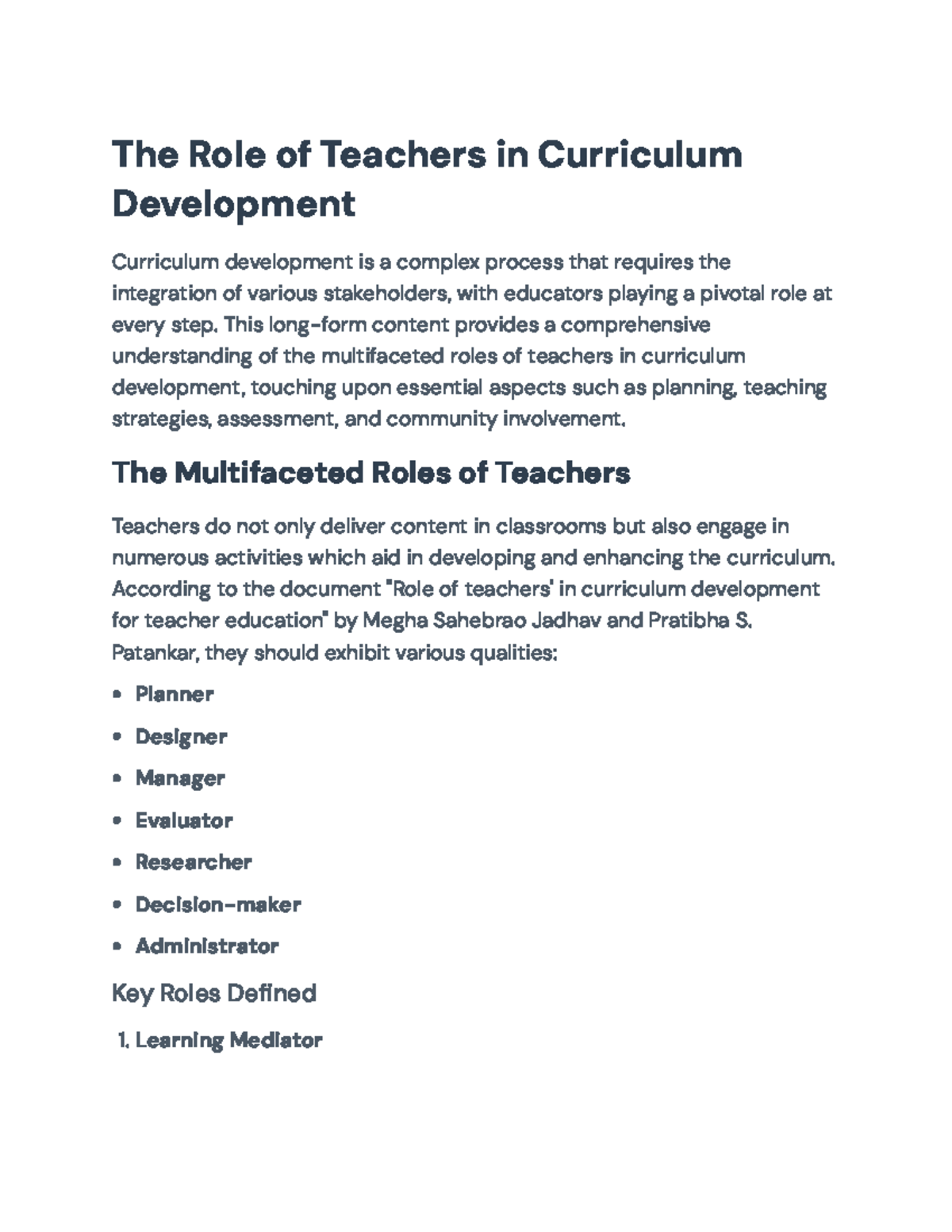 The Multifaceted Roles of Teachers in Curriculum Development (EDU 101 ...