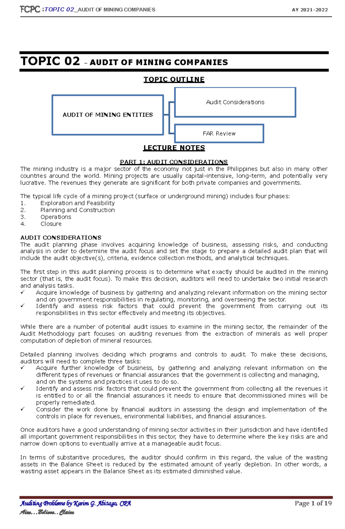 Audit of Mining Companies - ACC101 Lecture Notes by Karim G. Abitago, CPA - Document Preview