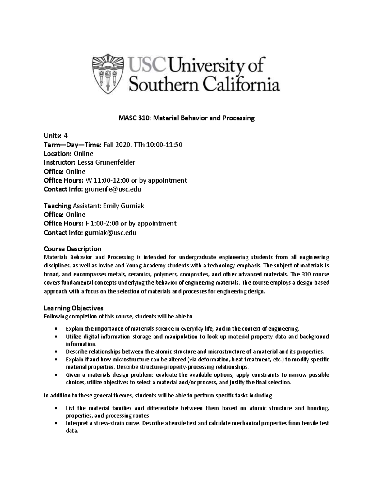 MASC 310 Syllabus: Material Behavior and Processing Overview - Studocu