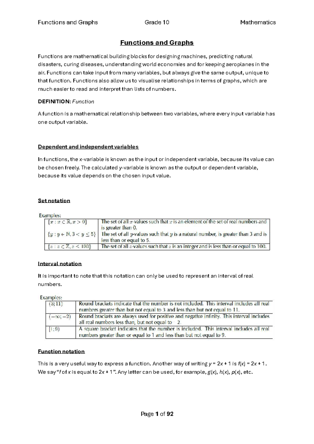 Functions and Graphs: Grade 10 Mathematics Overview - Studocu