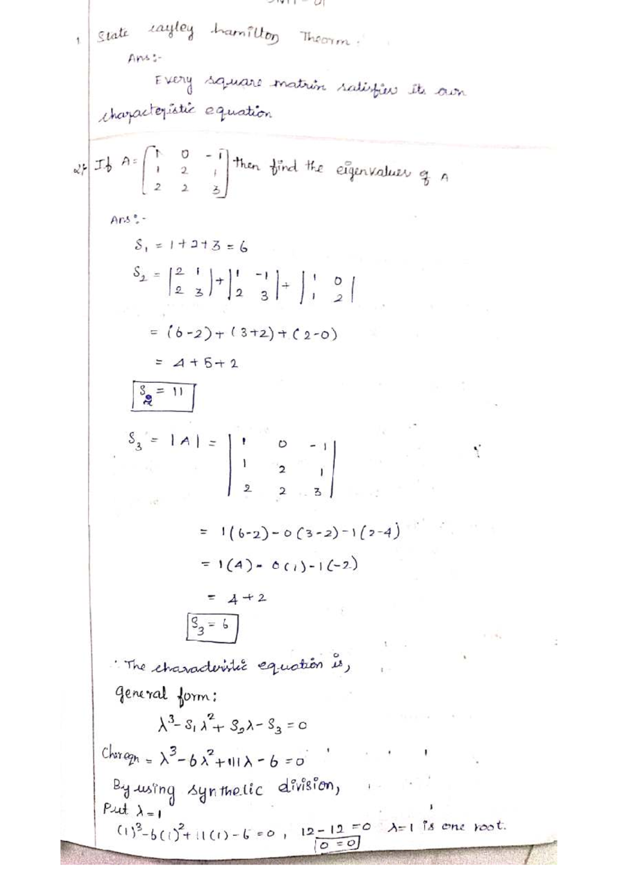 Maths Unit -01: Cayley-Hamilton Theorem & Eigenvalues Analysis - Studocu