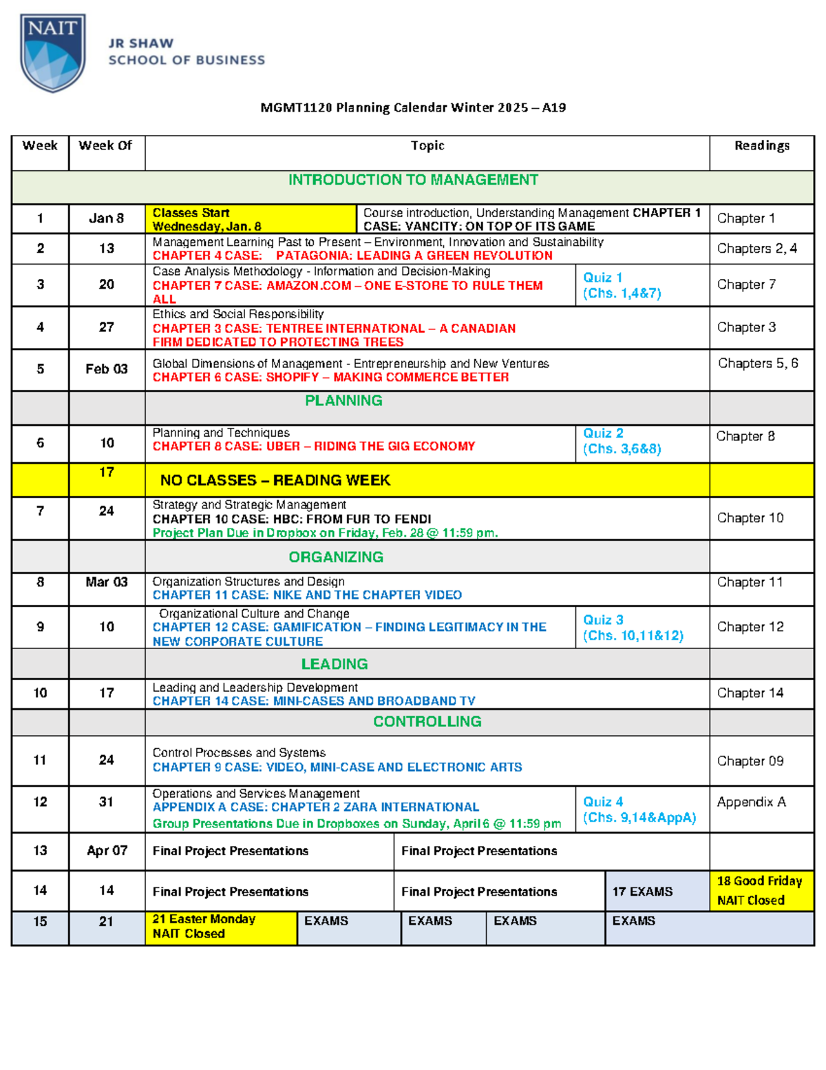 MGMT1120-A01 Course Calendar-W25 - MGMT1120 Planning Calendar Winter 20 ...