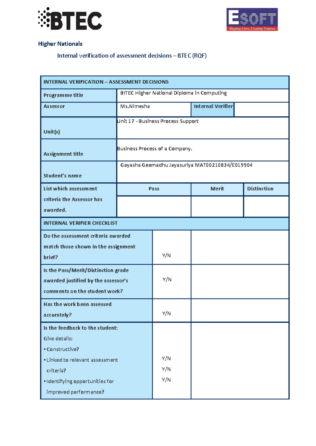 Business Process Support Unit 17: Internal Verification Assessment ...