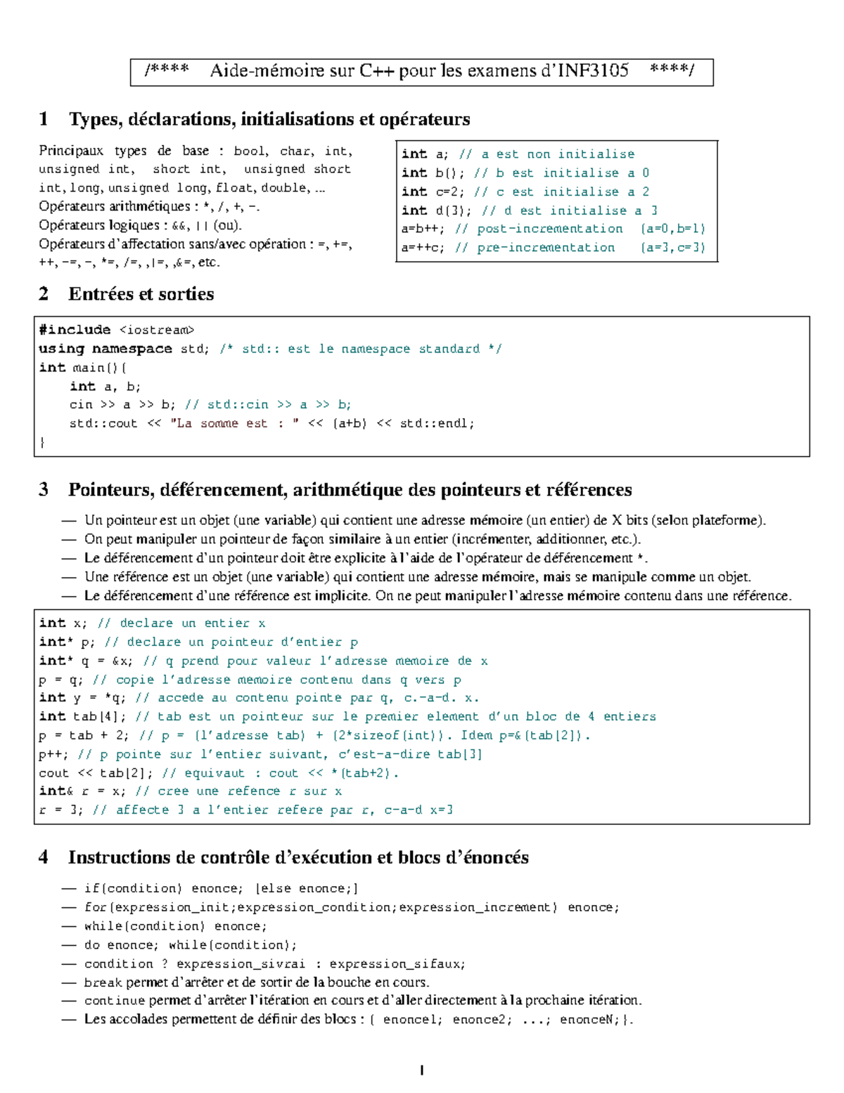 Aide-mémoire C++ : Types, Opérateurs et Pointeurs pour Examens - Studocu