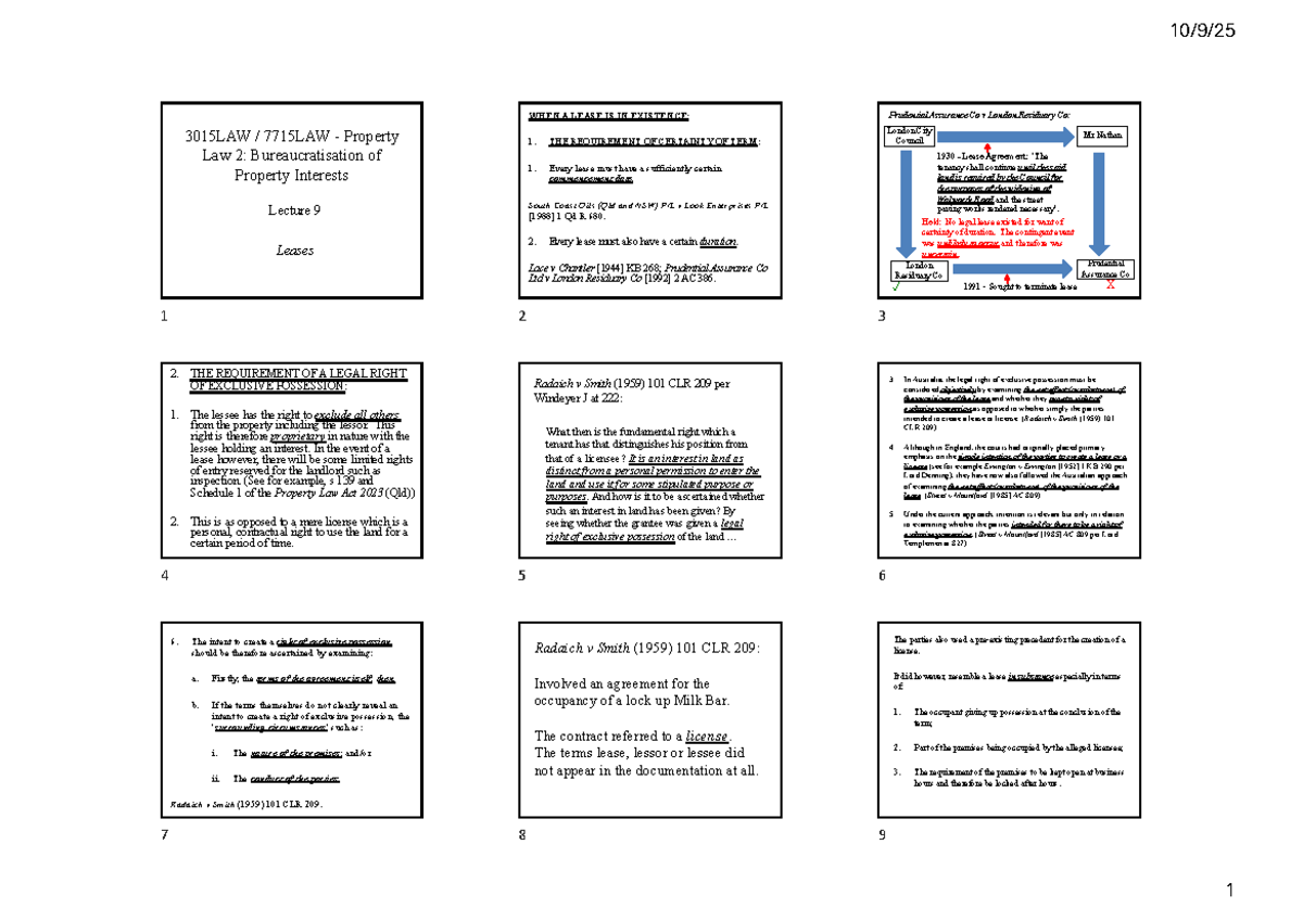 3015LAW 7715LAW Property Law 2: Leases and Exclusive Possession Notes ...