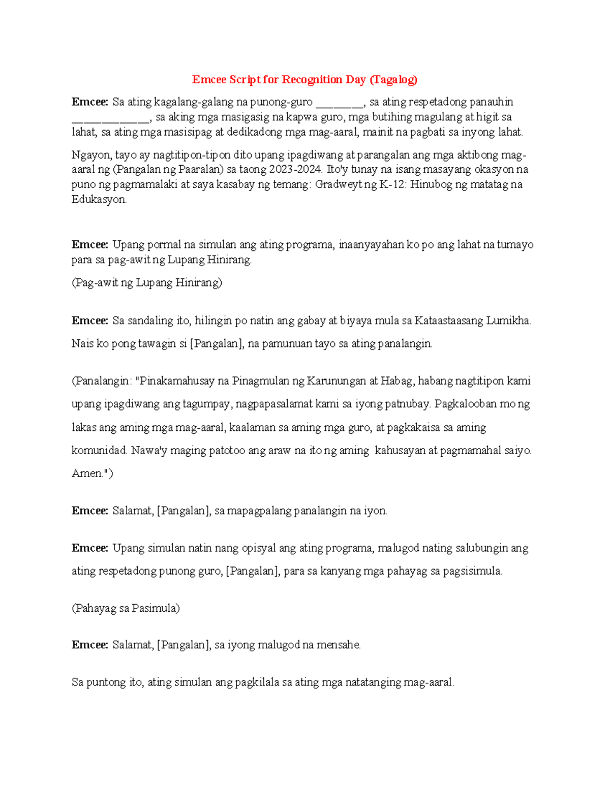 Emcee Script para sa Recognition Day (Tagalog) - Studocu