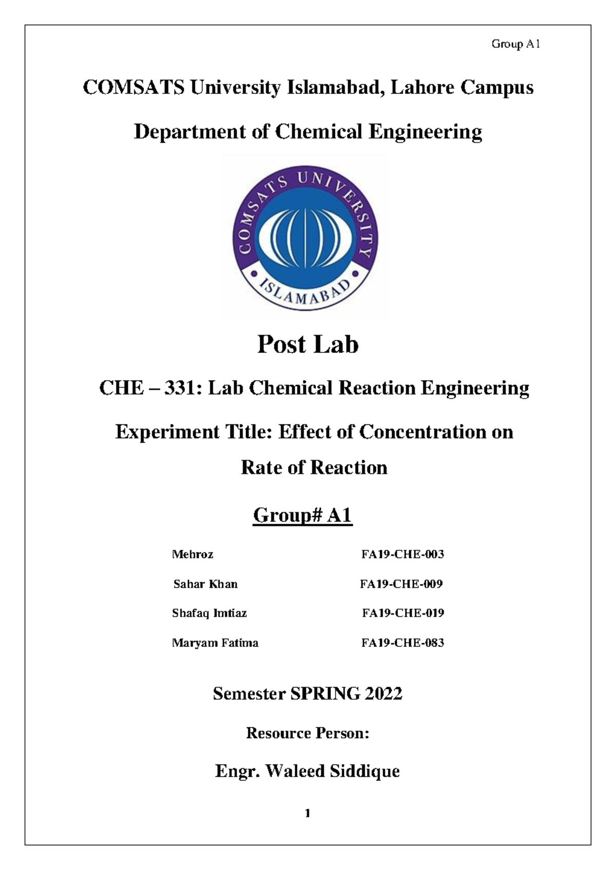 CHE-331: Group A-1 Lab Report on Concentration Effects on Reaction Rate ...