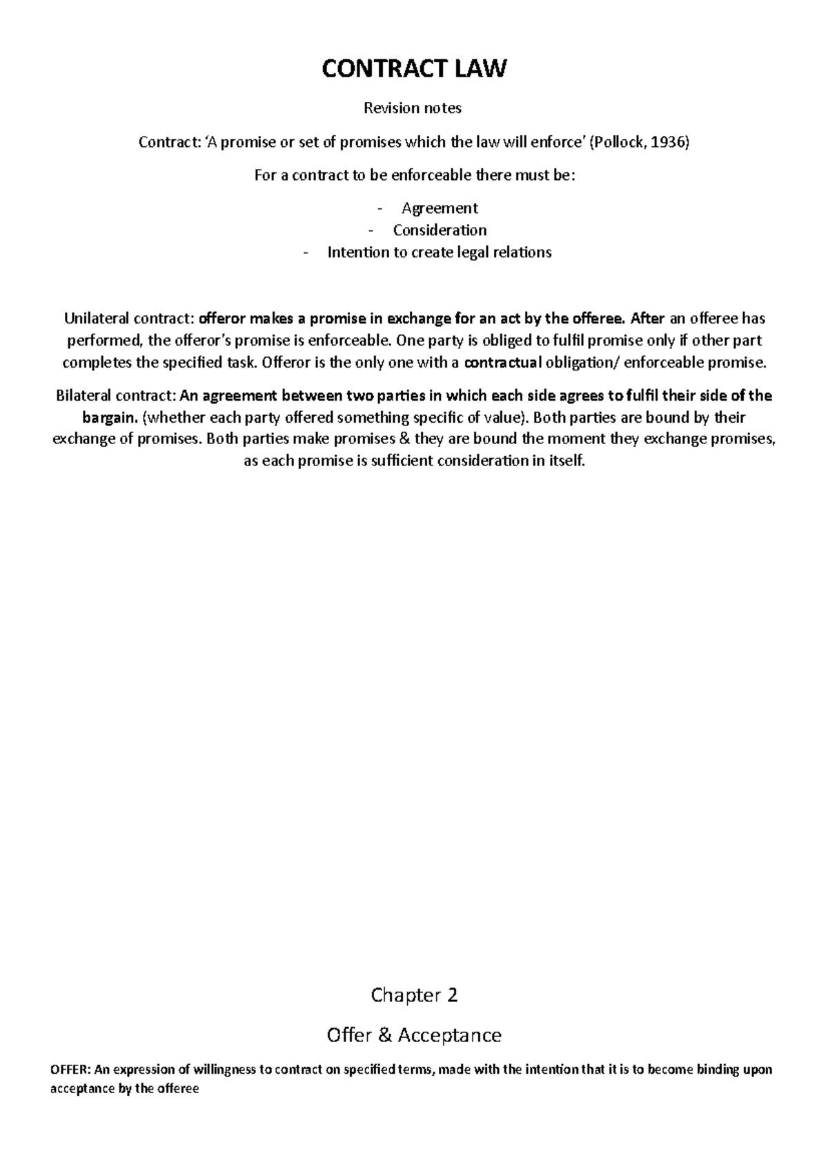 Contract Law: Offer & Acceptance Revision Notes (LAW 101) - Studocu