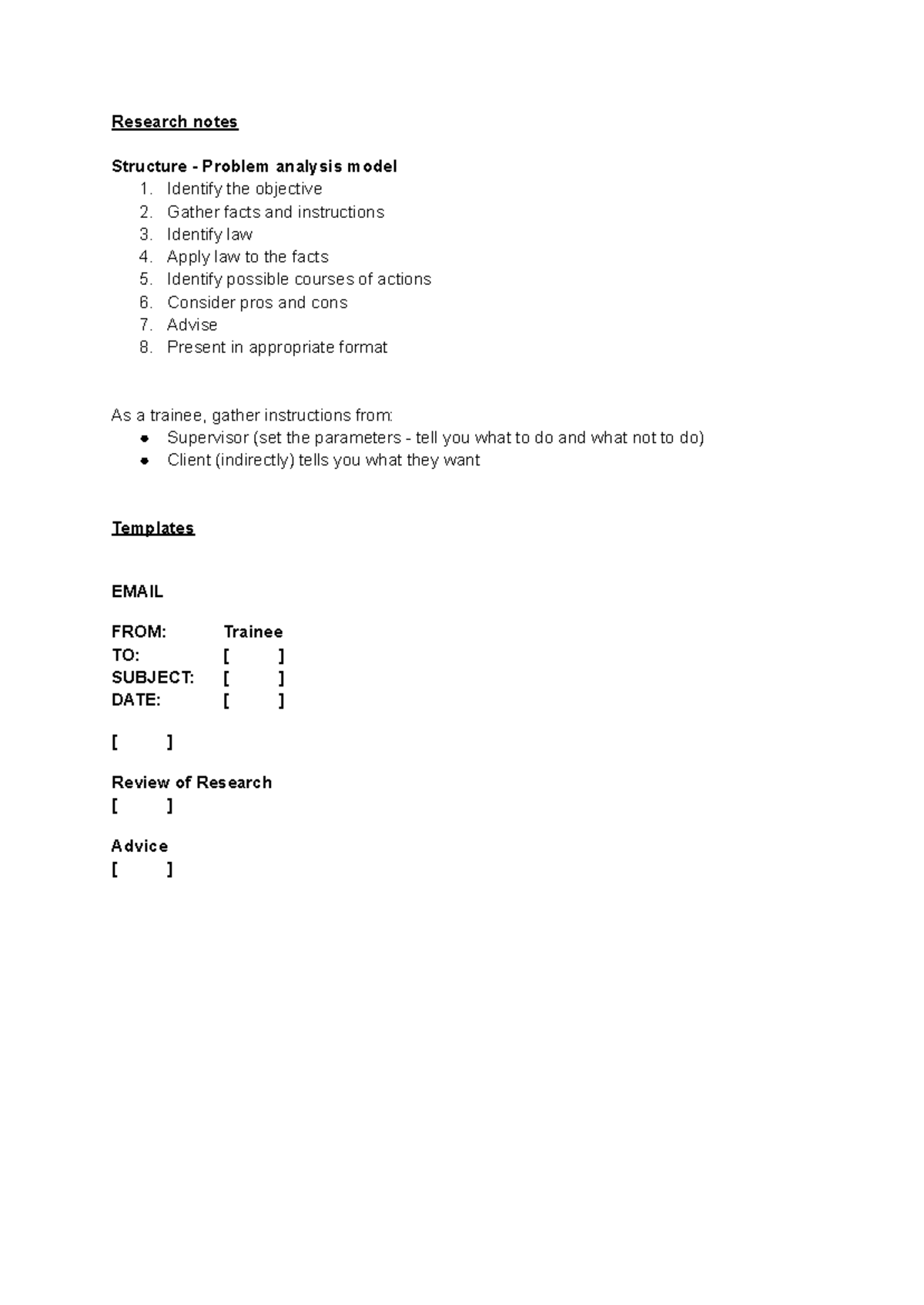 IPP - Research Notes and Checklist for Legal Analysis - Studocu