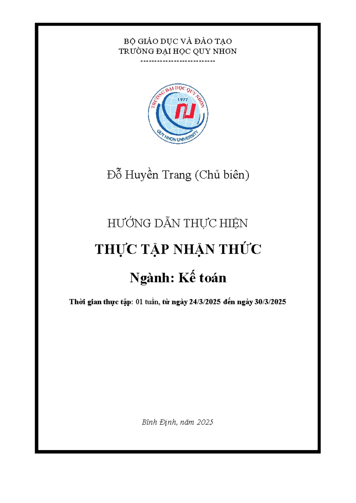 HƯỚNG DẪN THỰC TẬP NHẬN THỨC NGÀNH KẾ TOÁN - ĐH QUY NHƠN - Document Preview