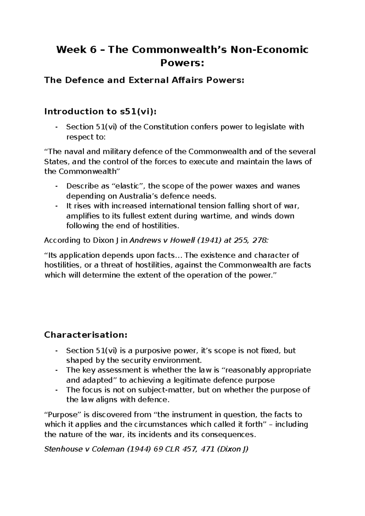 Week 6 - The Defence and External Affairs Powers: Analyzing s51(vi) and ...