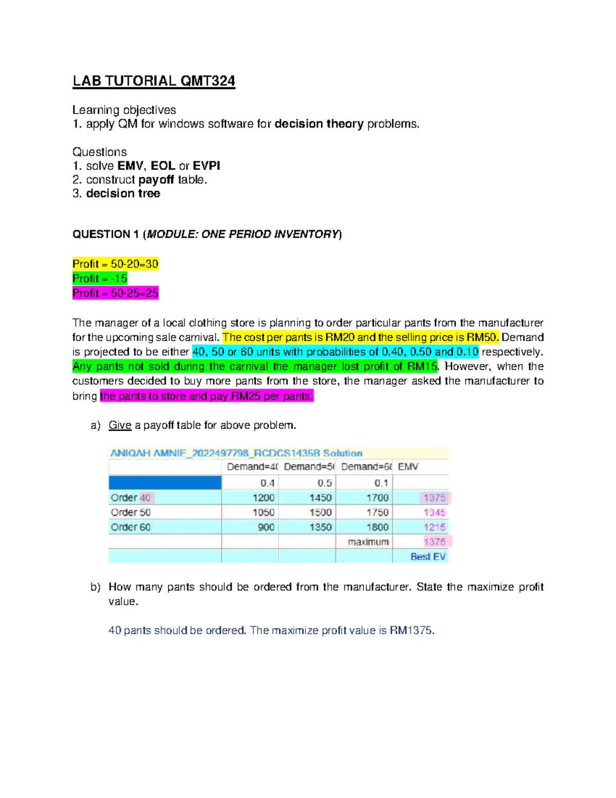 QMT634 Assessment 2: Simulation Analysis in Excel & ARENA Software ...
