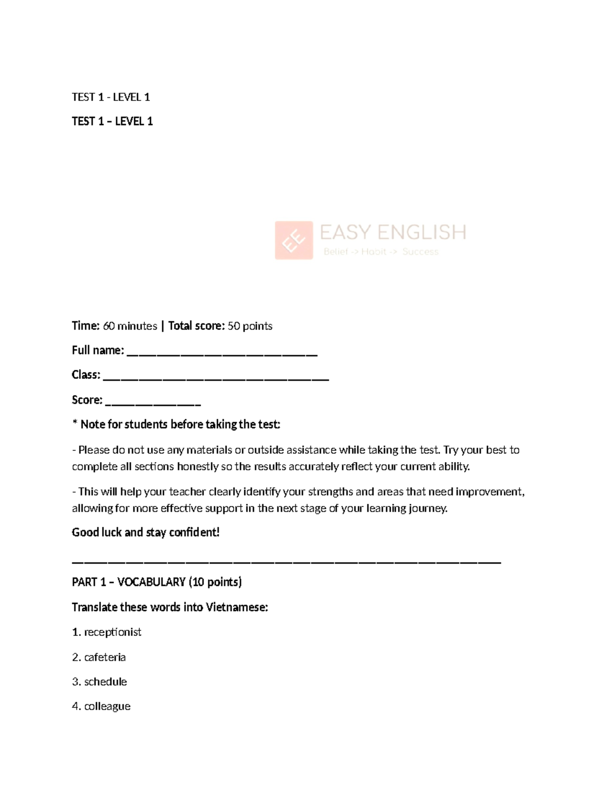 TEST 1 - Level 1 Assessment: Vocabulary, Grammar, Writing & Listening ...