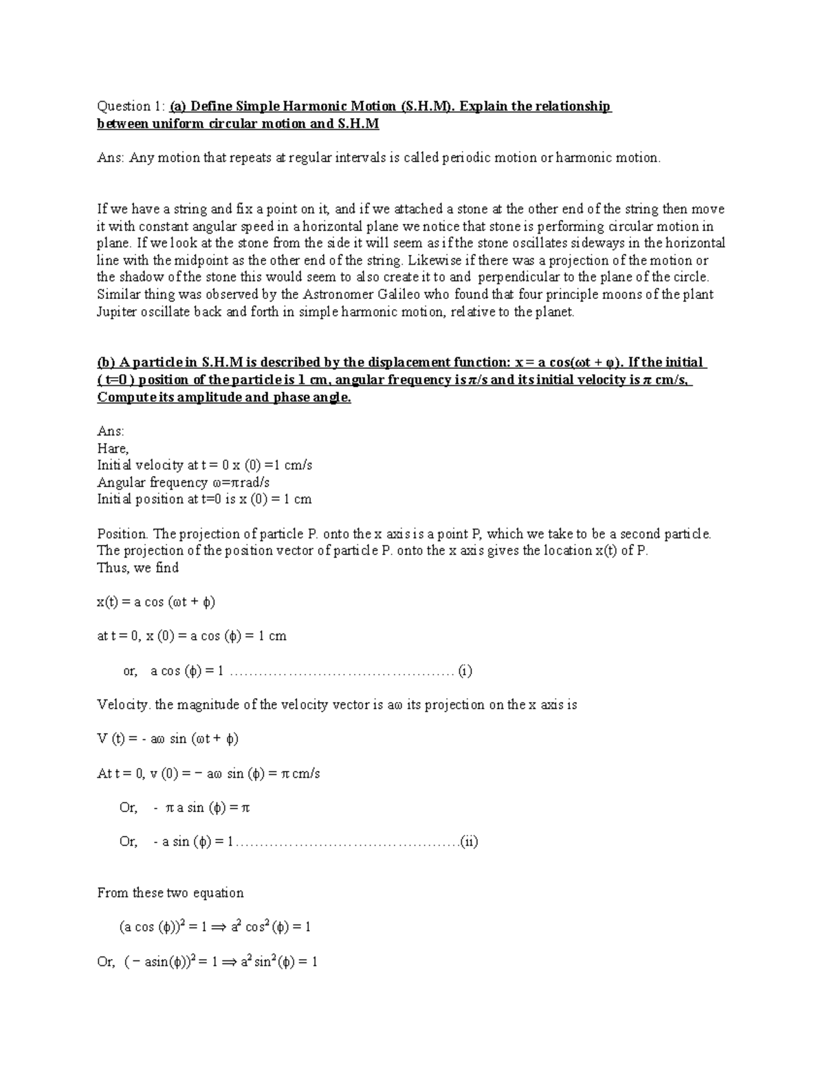Physics Quiz: Simple Harmonic Motion Concepts & Calculations - Studocu