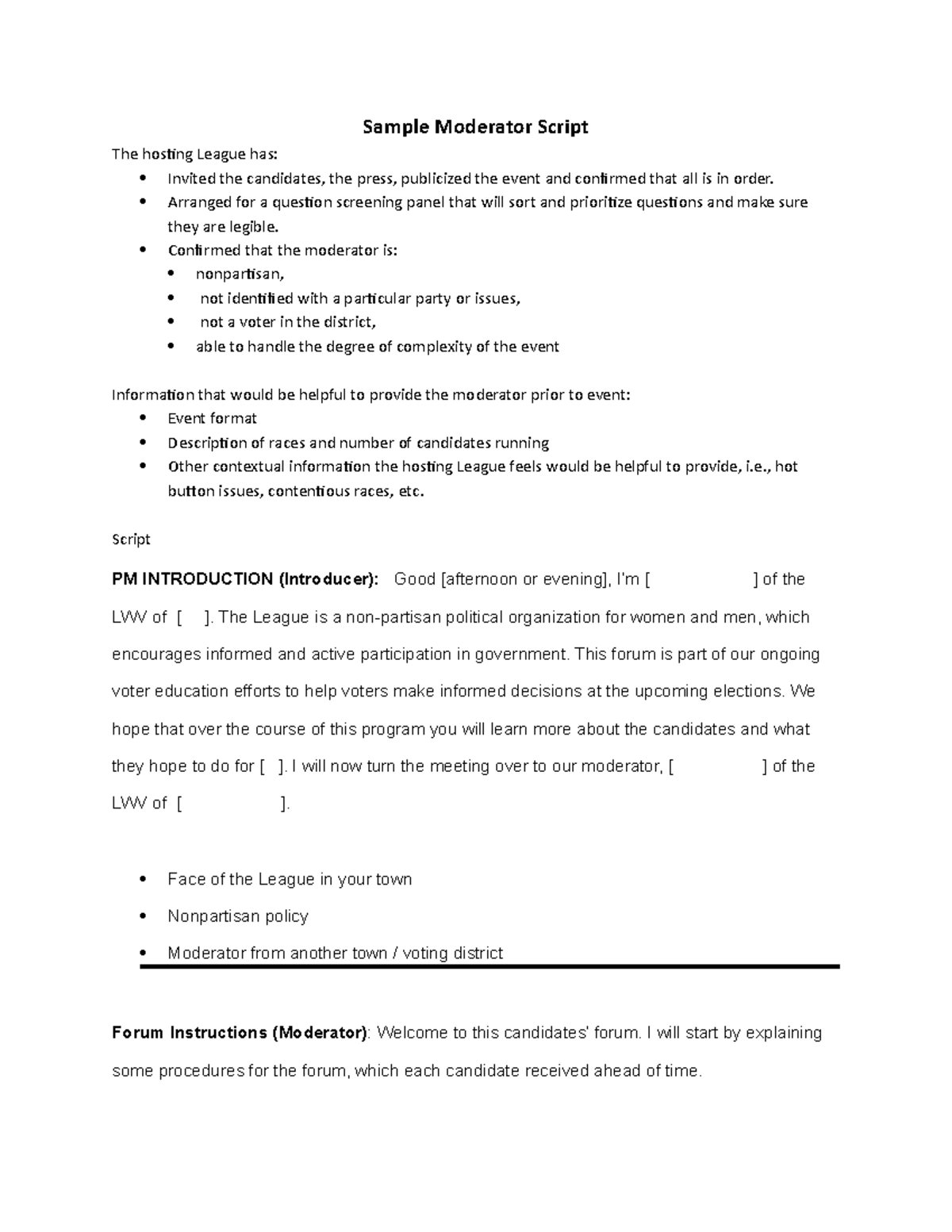 Sample Moderator Script for Candidate Forum (LWV) - Studocu
