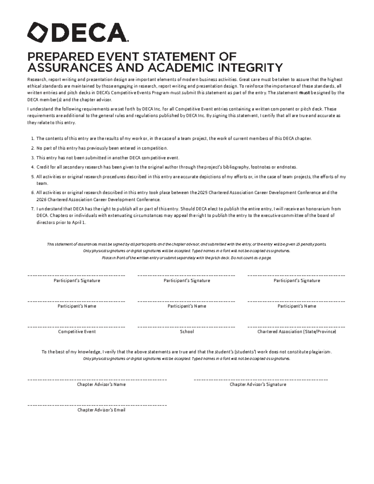 DECA Competitive Event Statement of Assurances & Integrity - Studocu
