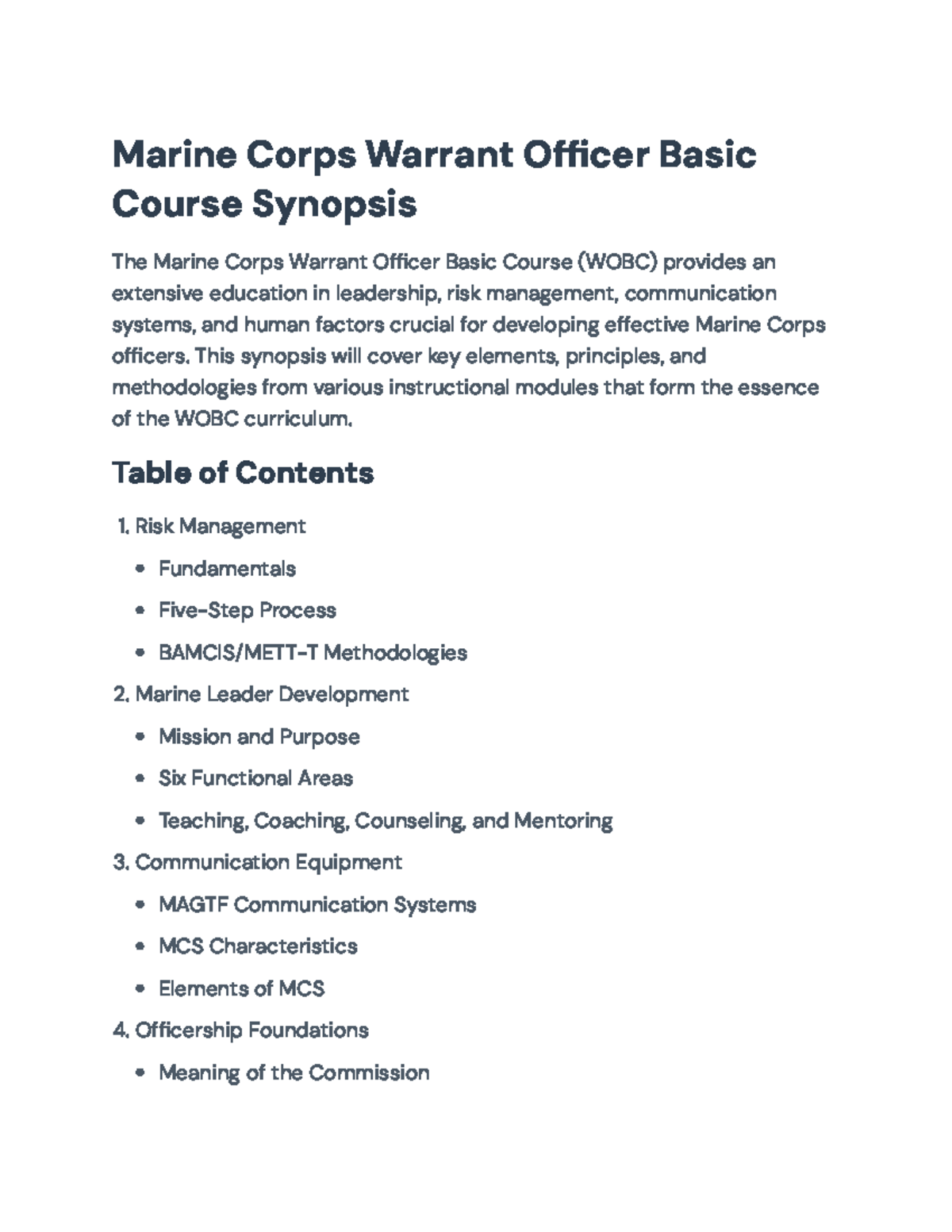 Marine Corps Warrant Officer Basic Course (WOBC) Overview and Key ...