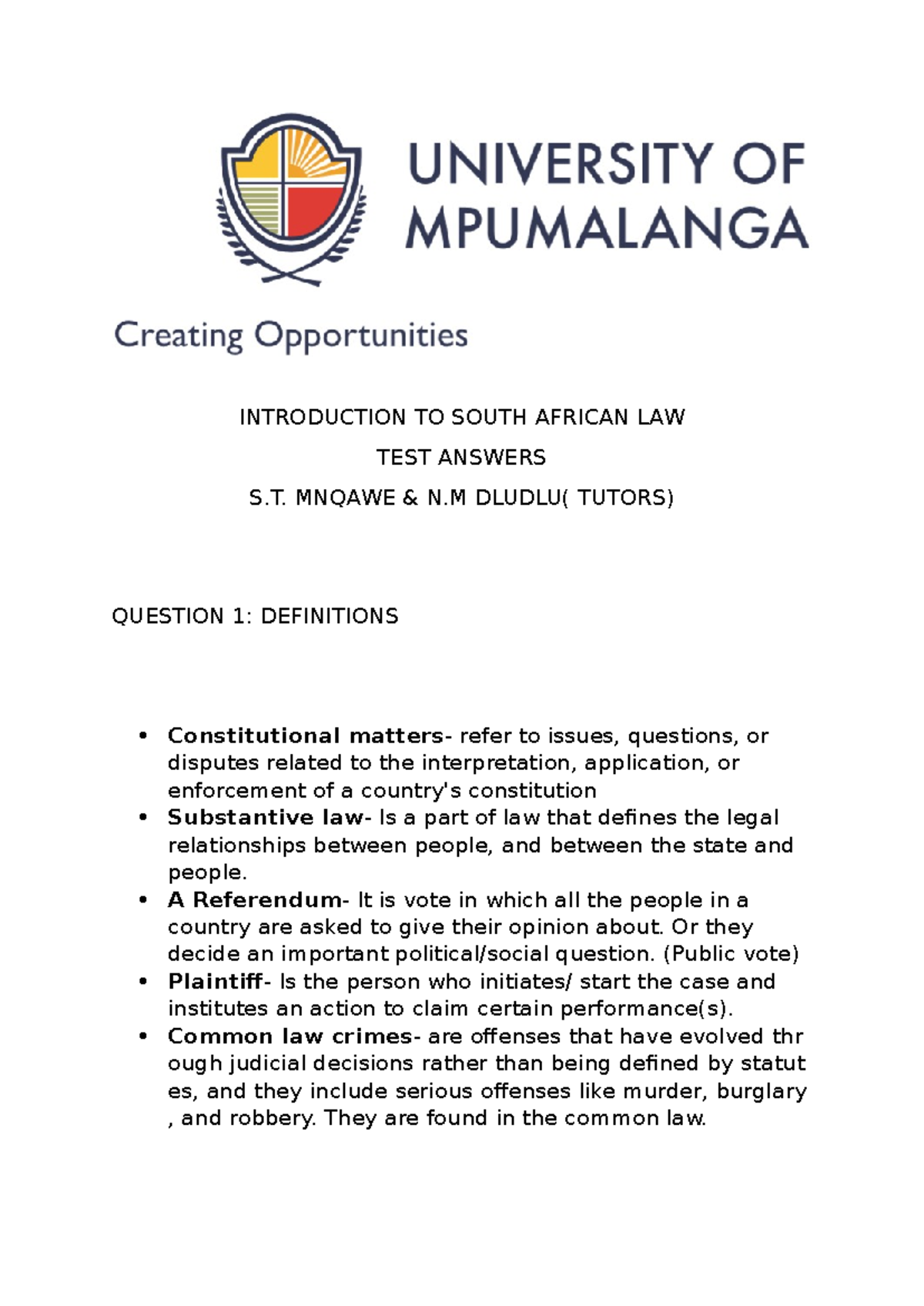 LSA TEST MEMO F - Introduction to South African Law Exam Answers - Studocu